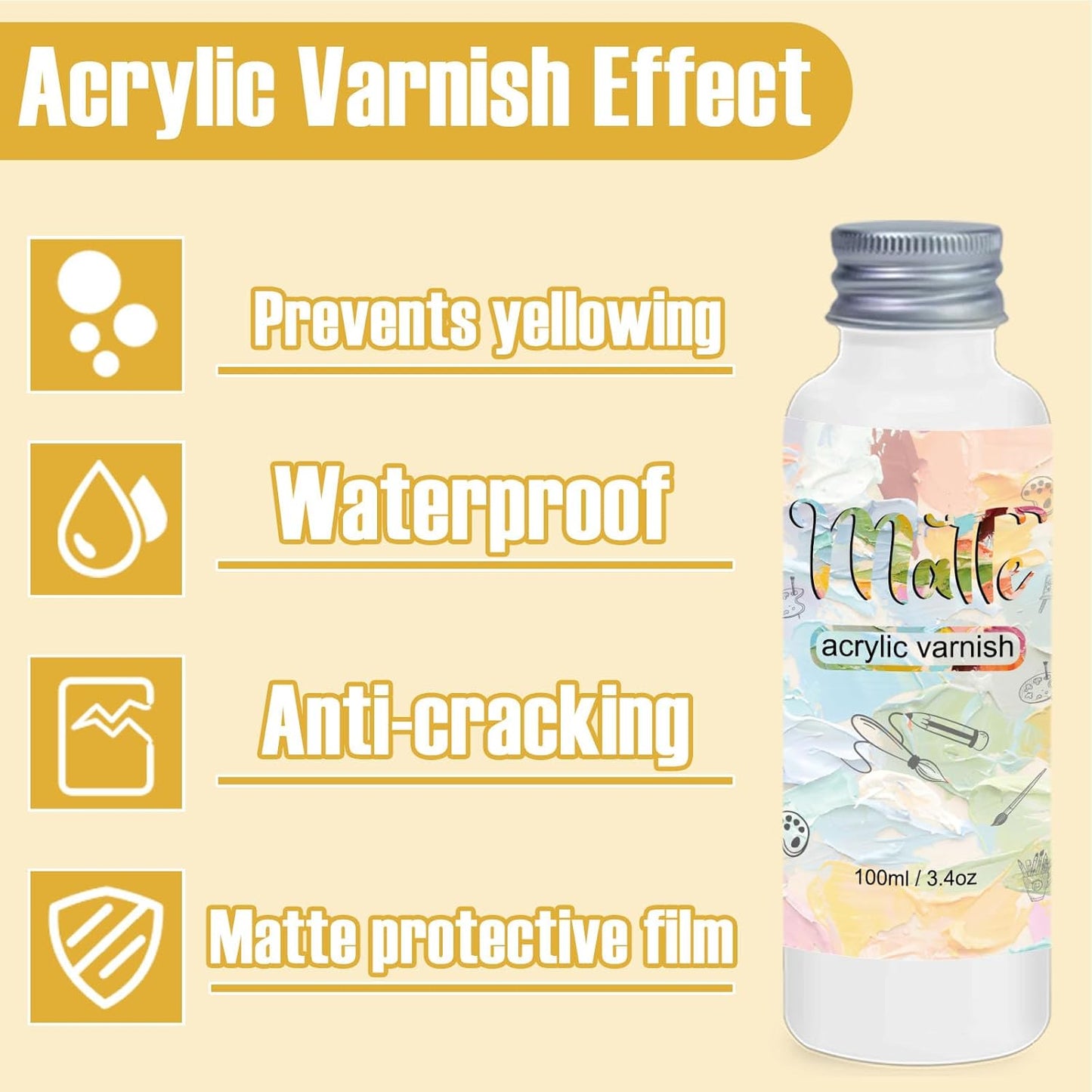 Matte Varnish for Acrylic Painting，100ml Acrylic Paint Varnish，Clear Varnish Keeps Paintings from Yellowing, Cracking, Maintains Permanent Color（Matte）
