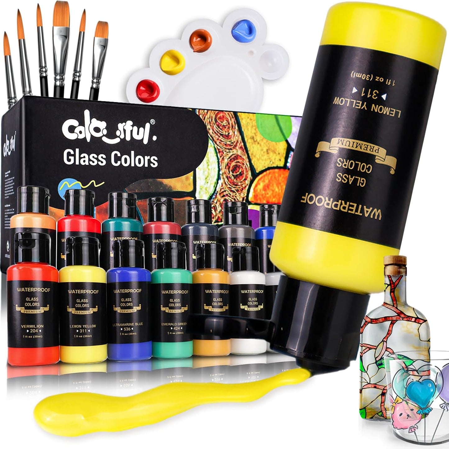 Colorful Stain Glass Paint Set with 6 Brushes, 1 Palette & 1 Sponge, 14 Colors Waterproof Permanent Glass Painting Kit for Arts on Wine Glasses,Bottle and Windows