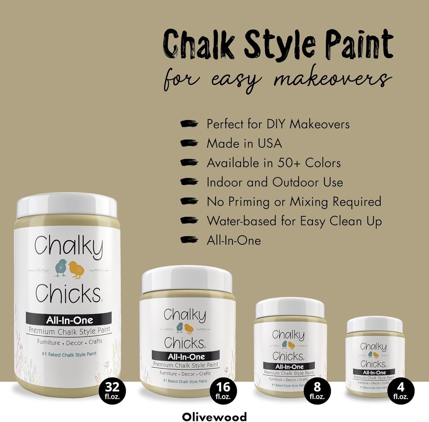 Chalky Chicks All-in-One Chalk Paint for Furniture or Cabinet - 8 Fl Oz - Matte Finish Olive Wood (Taupe) for Metal, Wood Furniture Paint - No Sanding All-in-One for Home Decor & Crafts, USA Made