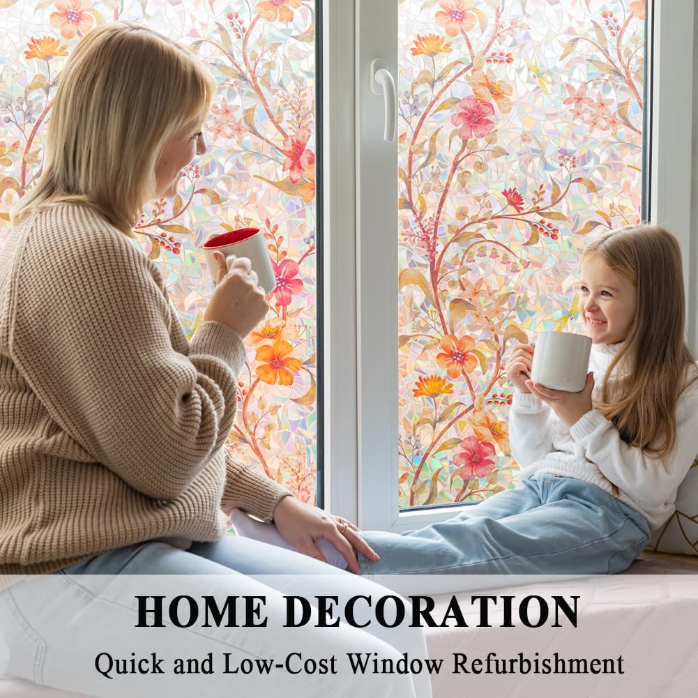 Stained Glass Window Film Static Cling Door Privacy Film Decorative Flowers Red Leaves Window Decals Stickers Heat Control Anti UV for Home and Office,17.5 inches by 78.7 inches