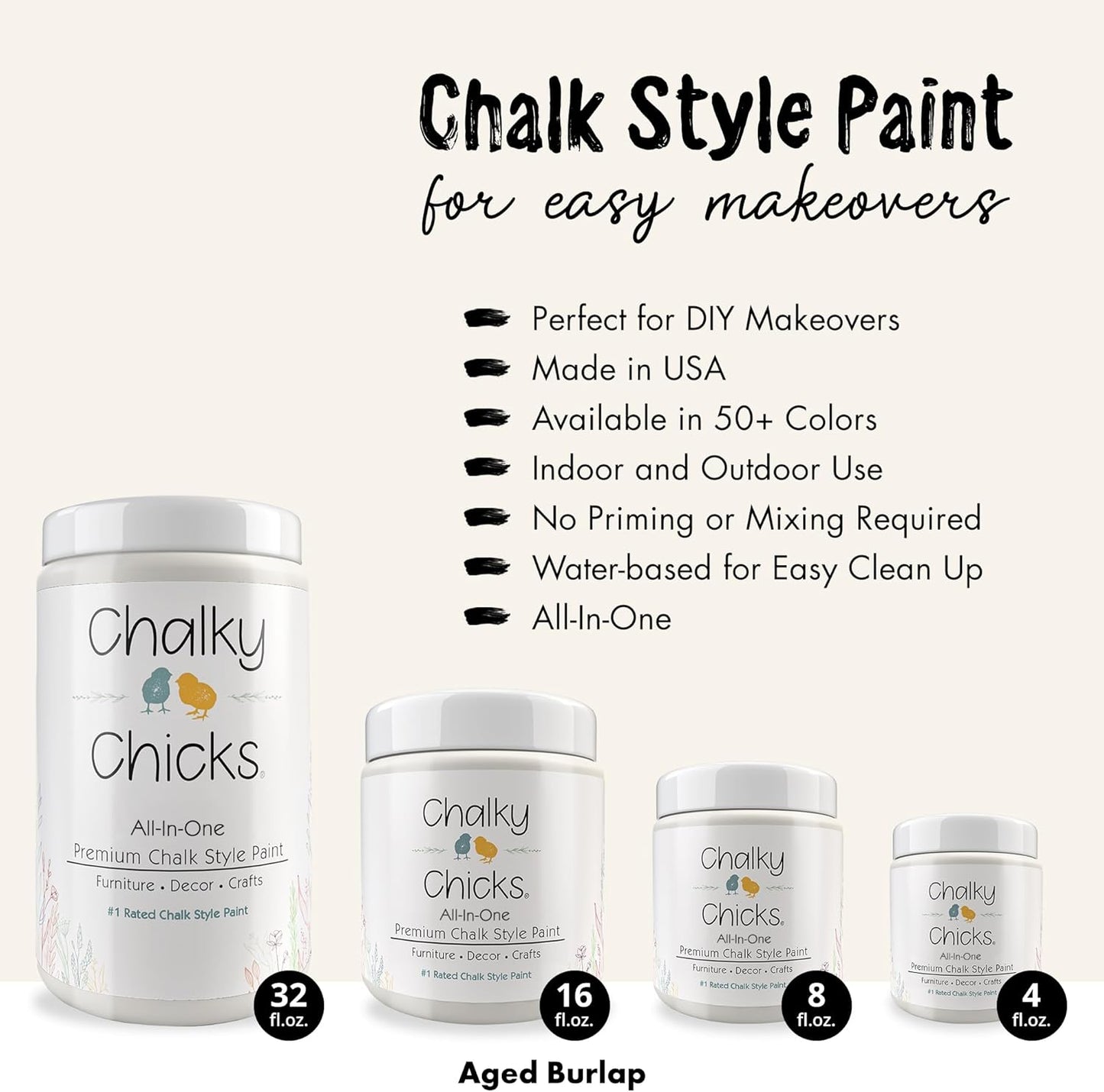 Chalky Chicks All-in-One Chalk Paint for Furniture or Cabinet - 16 Fl Oz - Matte Finish Aged Burlap White for Metal, Wood Furniture Paint - No Sanding All-in-One for Home Decor & Crafts, USA Made