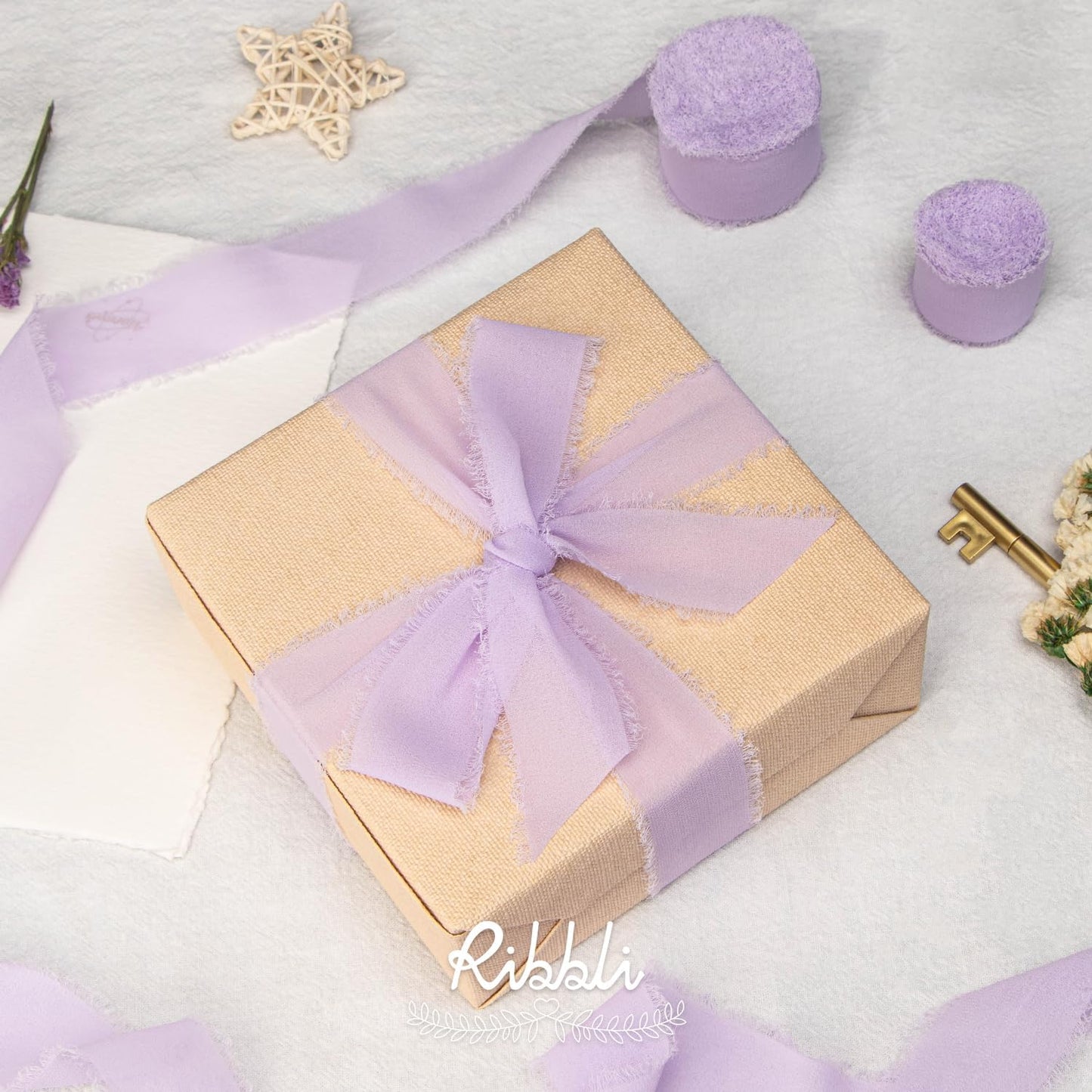 Ribbli Lavender Chiffon Silk Ribbon, 1-1/2 inch x 20 Yard, Handmade Fringe, Light Purple for Wedding Invitations, Bridal Bouquets, Flower Arrangement Decoration