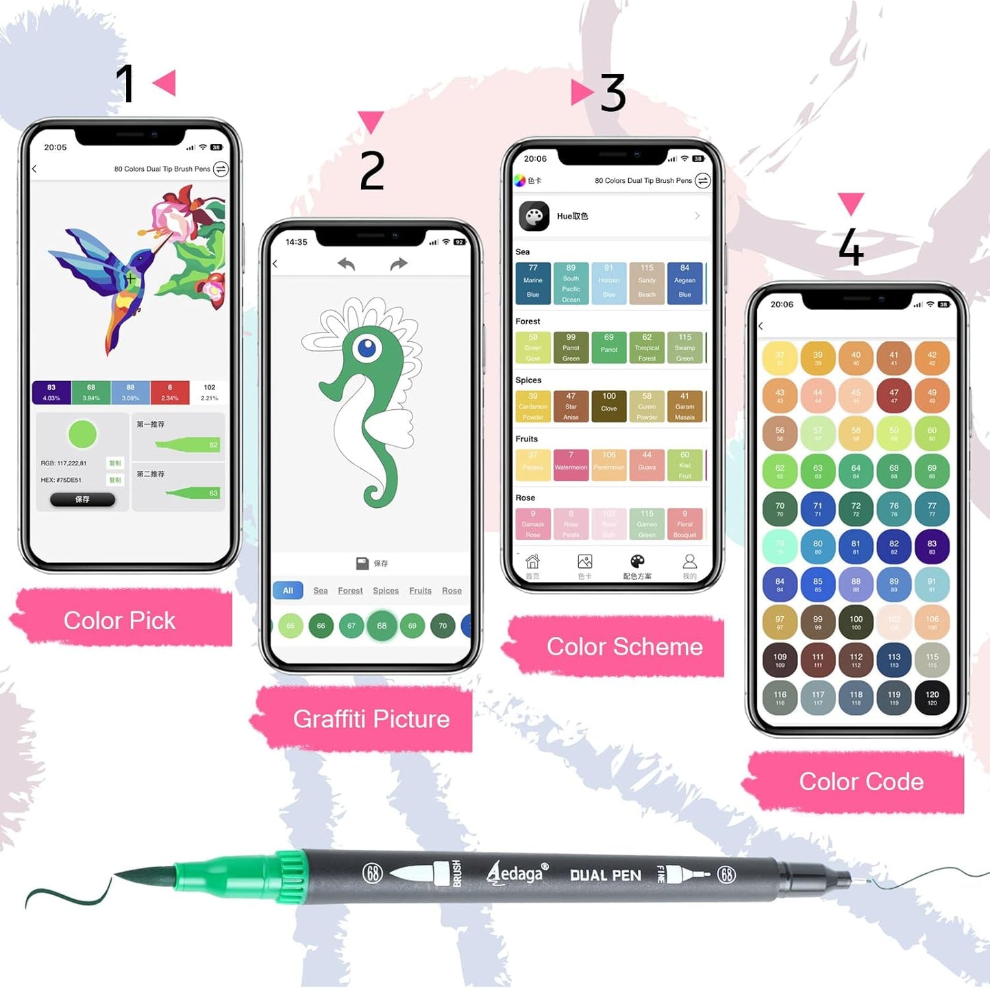 80 Colors Numbered Dual Tip Brush Pens with Free App, Fine and Brush Tips Pens for Adults and Kids, Coloring Markers for Coloring Book Bullet Journaling Note Taking Planner Hand Lettering