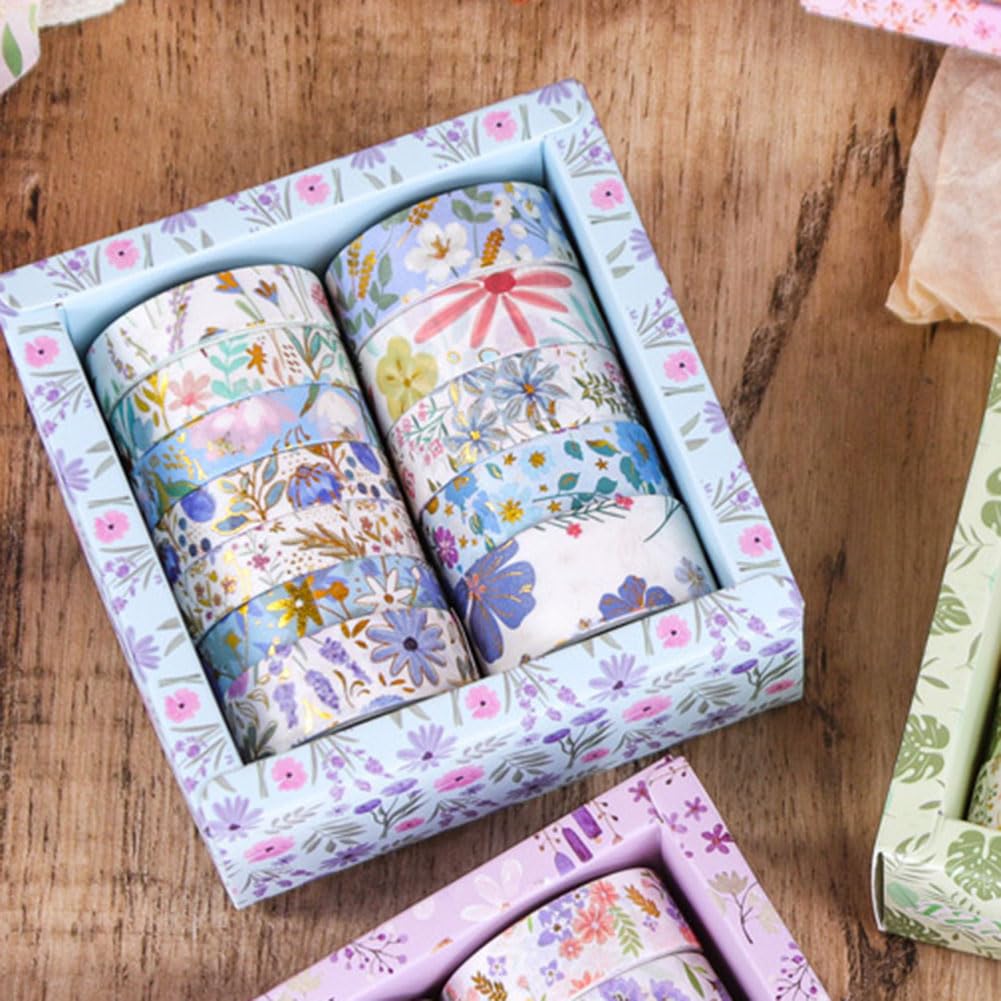 MAFELOE 2 Meters Long 12 Rolls Washi Tape Set, Decorative Adhesive Supplies for Scrapbook Journaling Junk Bullet Art Collage-Floral Print Series-Blue (HZ-3Y-SHMJ-01)