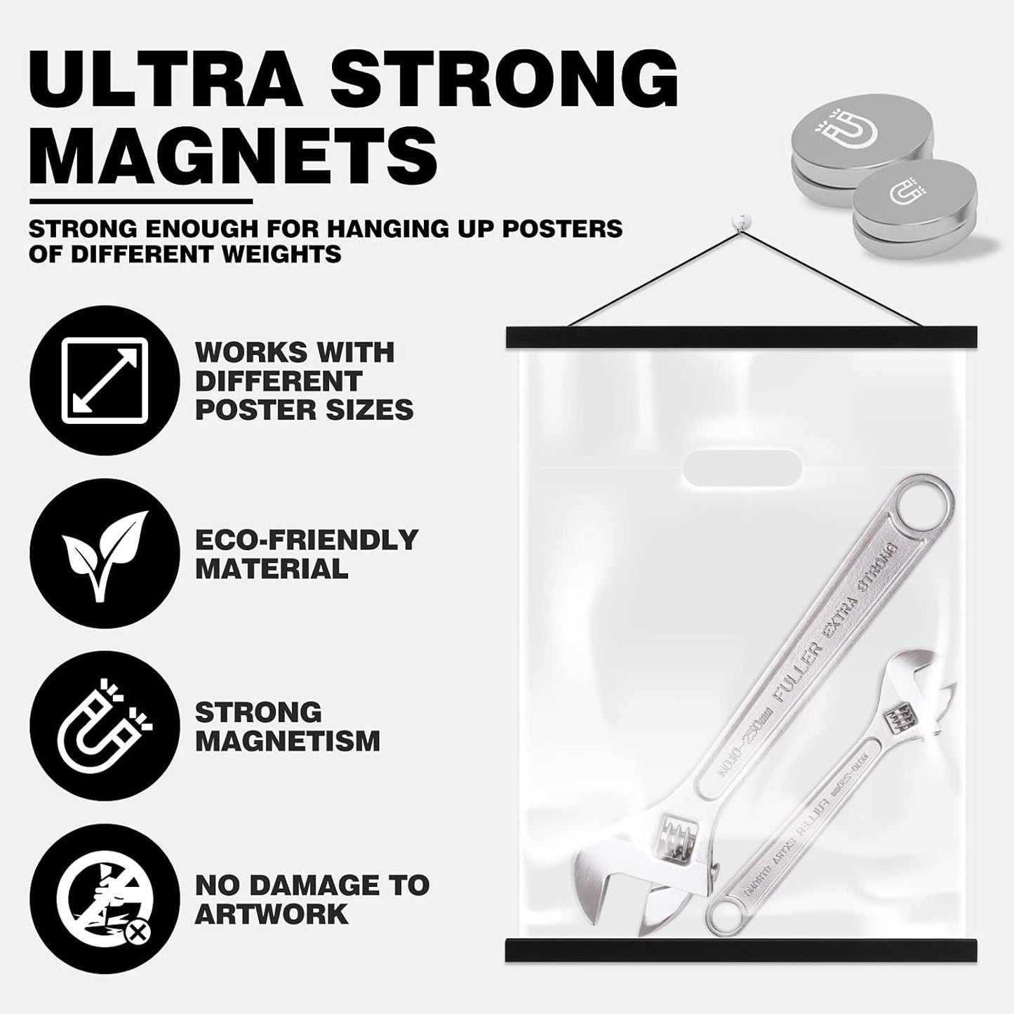 Ywlake Magnetic Poster Hanger, 33x24 33x23 33x50 Poster Frame Wood Wooden Magnet Print Posters Dowel Scroll Hanger Hangers Hanging Kit for Walls Map Canvas Artwork (Black, 33")