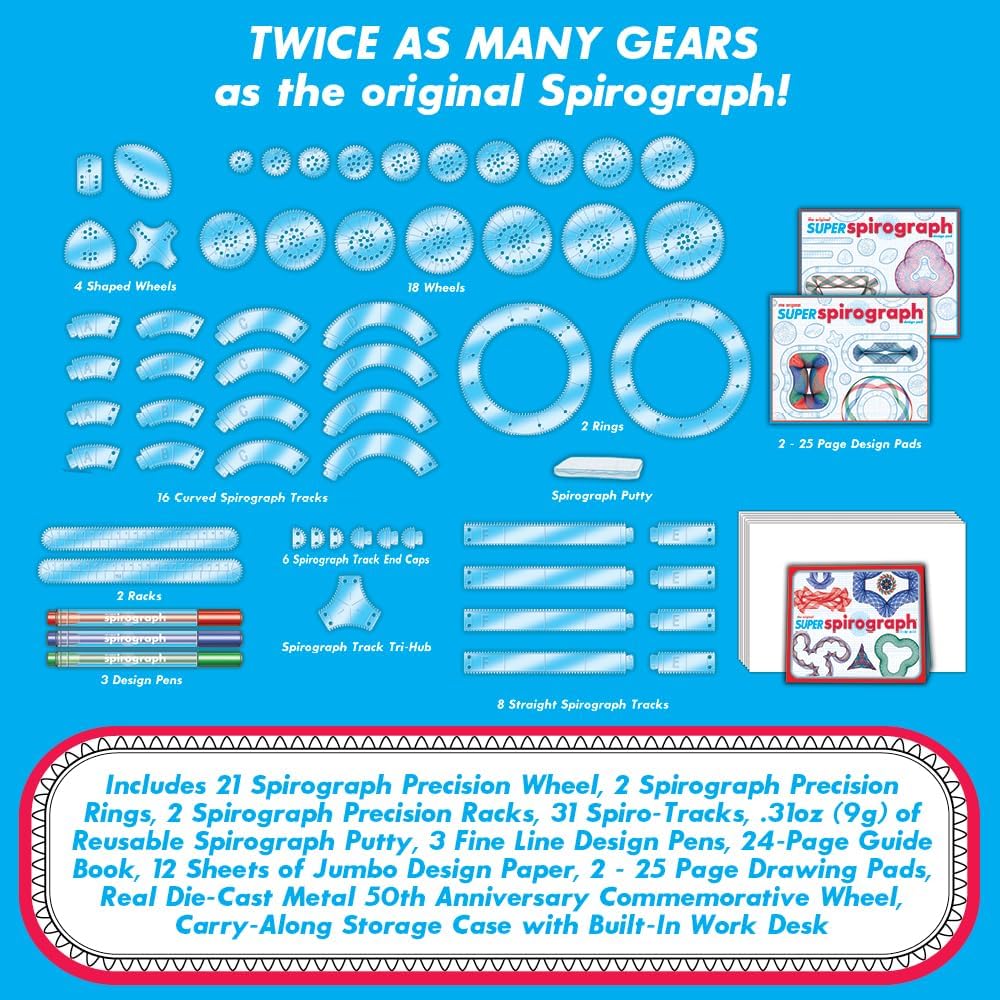 Spirograph Super 50th Anniversary Set –Arts and Crafts, Kids Toys, Art Supplies, Craft Supplies, Drawing Kit, Spiral Art, Classic Gear Design Kit, Case, Pens, Design Sheet Included, Ages 8+
