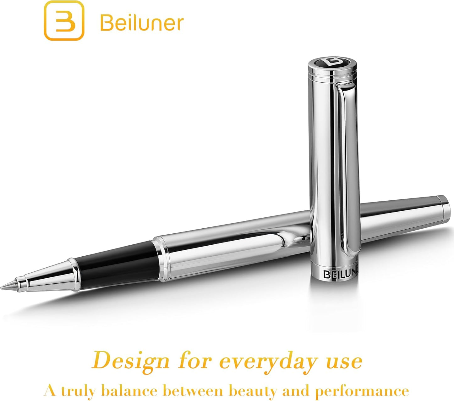 BEILUNER Luxury Silver Rollerball Pen, Stunning Bright Silver Chrome Finish,Noble and Elegant Designs,Schneider Ink Refill, Best Gift Pen for Men & Women, Professional, Executive Office, Fancy Pens
