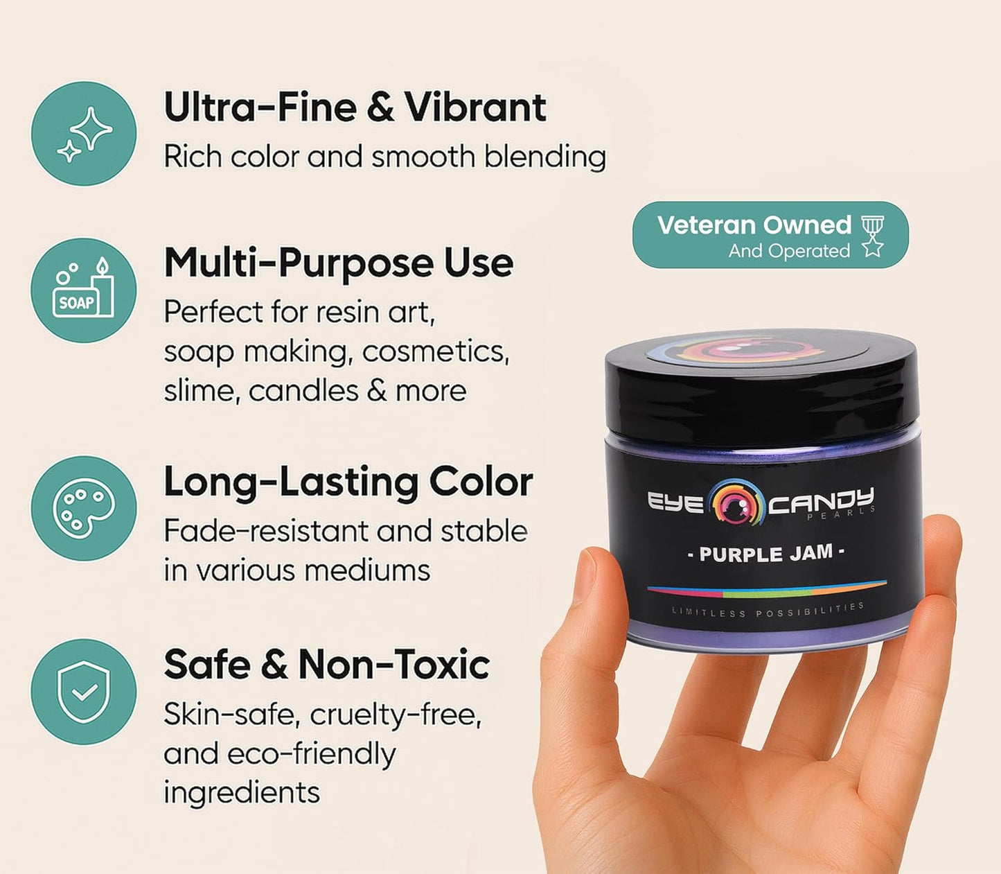 Eye Candy Pigments Premium Purple Mica Powder - Purple Jam (50gr) - for Epoxy, Resin, Soap, Paint, Woodworking, Acrylic Pouring, Bath Bombs, Fishing Lures - DIY Arts and Crafts Additive