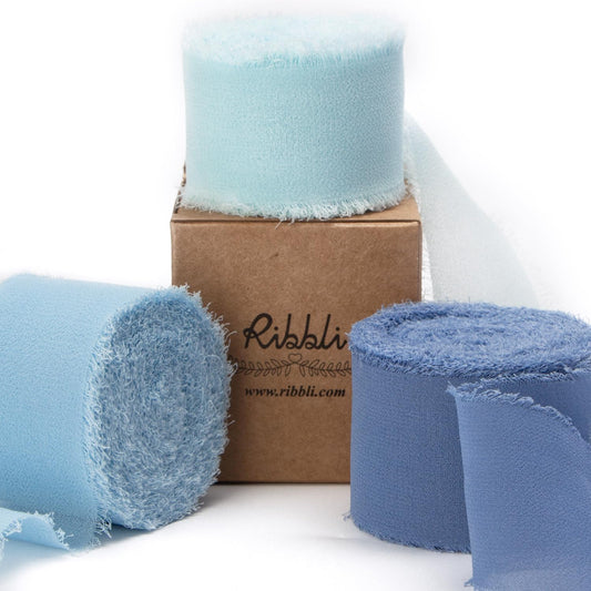 Ribbli Chiffon Ribbon 1.5 inch x 30 Yard Handmade Silk Ribbon,Light Blue/Baby Blue/Dusty Blue Fringe Chiffon Ribbon for Wedding Invitations, Bridal Bouquets Wrapping, Flower Arrangement Decoration