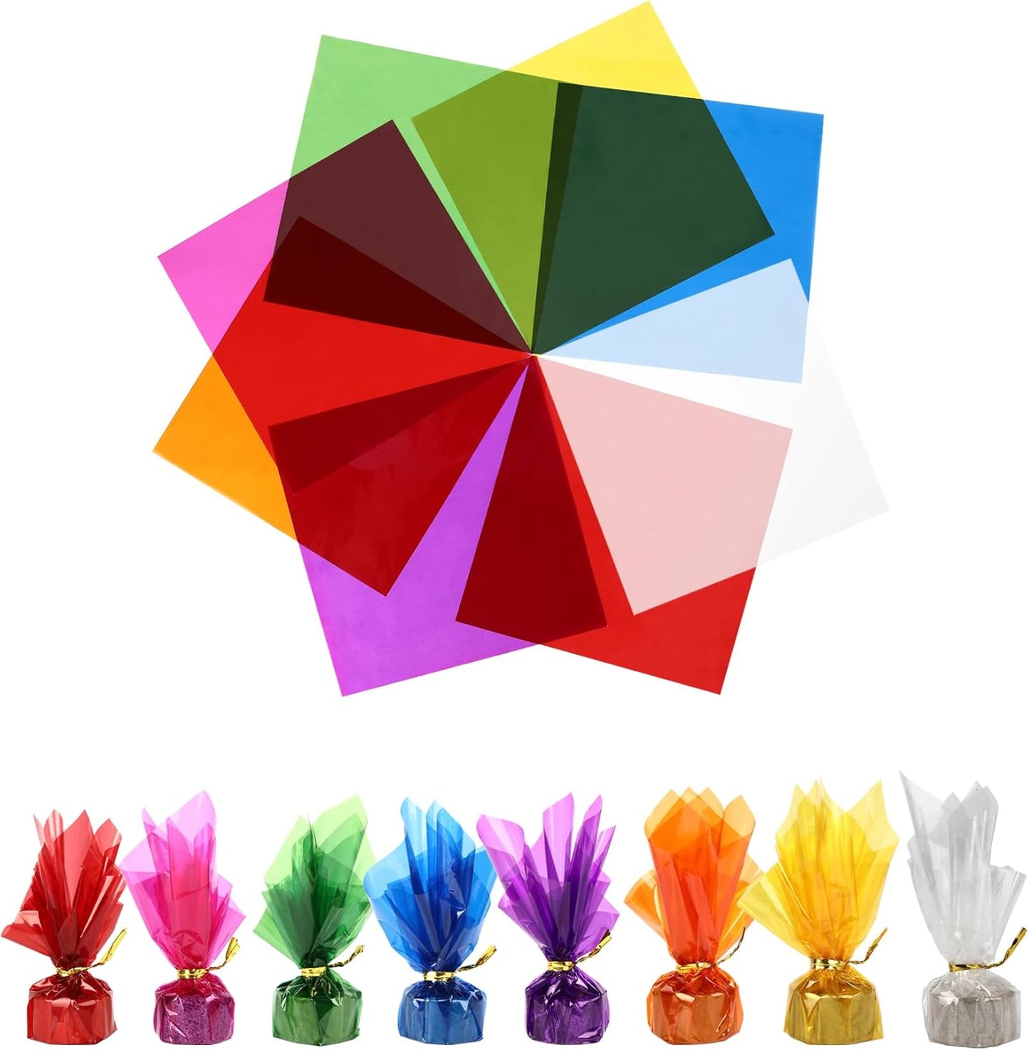 Cellophane Sheets 160 PCS Colored Cellophane Wrap 7.5x7.5 Inch Plastic Transparent Cellophane Paper Colorful Cellophanes Paper Sheet Cello Sheets Light Filters for Candy DIY Arts Crafts Decoration