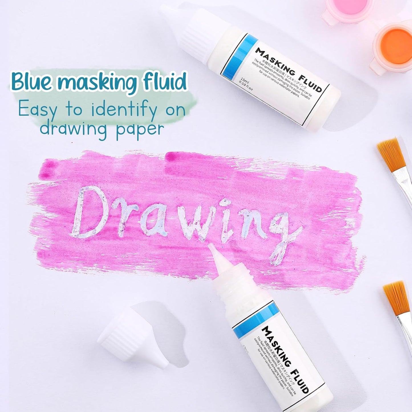 2 Pcs Masking Fluid for Watercolor Painting, 15ml Capacity Bottle with 3mm Applicator Nozzle, Masking Fluid Pen for Various Art Projects Watercolor Ink (White)