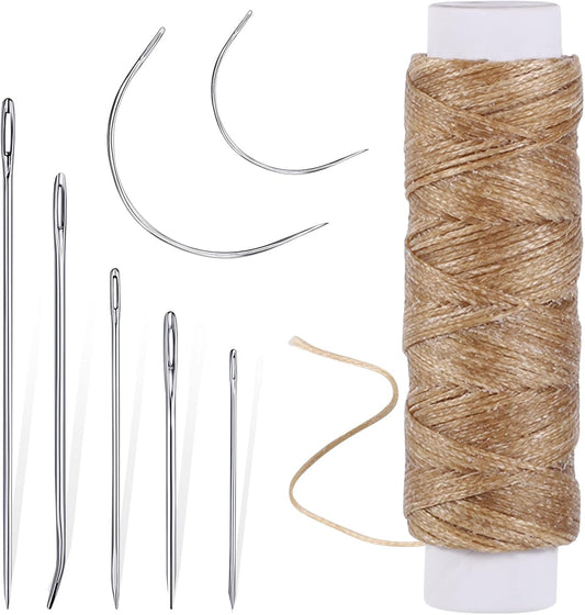 55Yards Waxed Thread with 7 Pcs Leather Needles for Hand Sewing 150D Flat Sewing Waxed Thread Leather Repair Needles for Sewing Upholstery Leather Canvas Bags Sofa Furniture(Khaki)