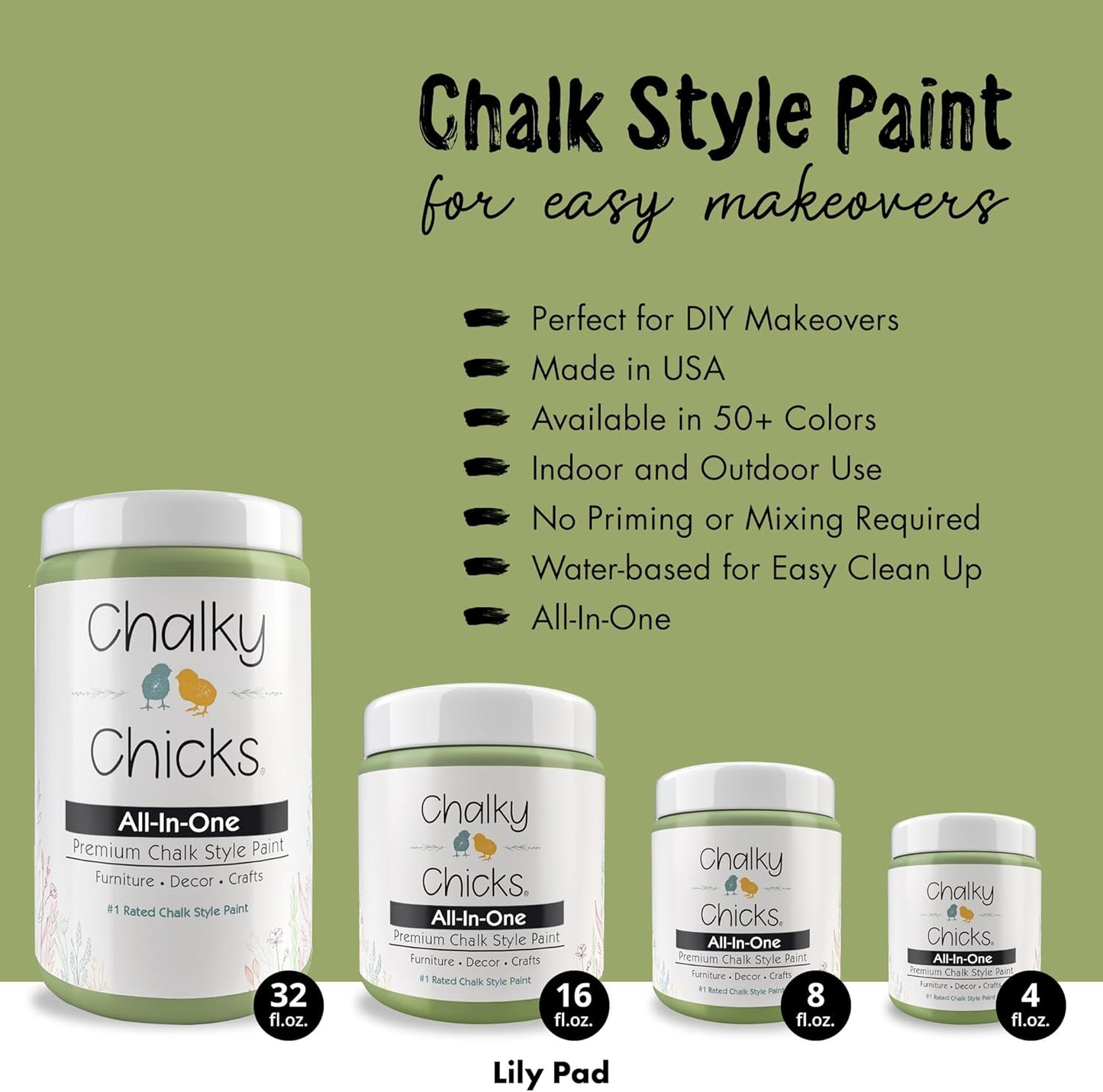 Chalky Chicks All-in-One Chalk Paint for Furniture or Cabinet - 8 Fl Oz - Matte Finish Lily Pad (Green) for Metal, Wood Furniture Paint - No Sanding All-in-One for Home Decor & Crafts, USA Made