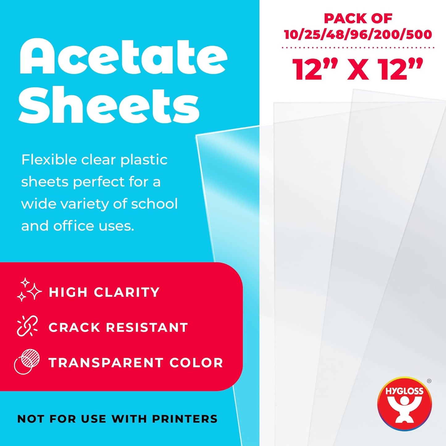 Hygloss 12" x 12" Acetate Paper - 7 Mil Clear Acetate Sheets for Crafts Projects, Cricut Stencil Sheets, Classroom Stencil Sheets, Reusable Transparent Clear Plastic Sheet (Not for Printers) 96 Pack