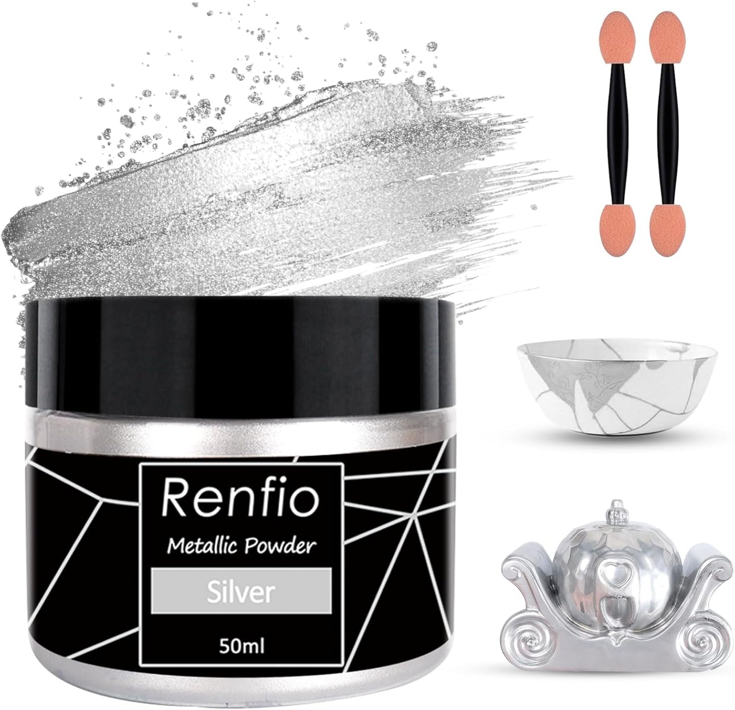 Renfio Metallic Pigment Powder,Silver Mica Powder for Resin,50ml Silver Resin Color Pigment for Kintsugi,Polymer Clay,Crafts,Slime,Candle,Nail,Paint,Fabric,Festival,Decoration