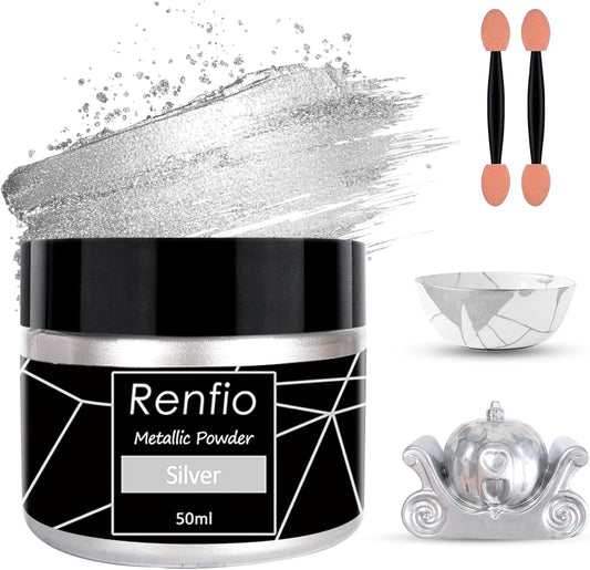 Renfio Metallic Pigment Powder,Silver Mica Powder for Resin,50ml Silver Resin Color Pigment for Kintsugi,Polymer Clay,Crafts,Slime,Candle,Nail,Paint,Fabric,Festival,Decoration