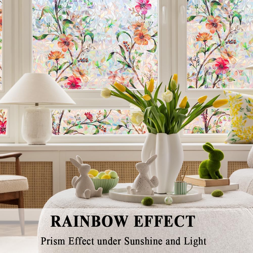 Stained Glass Window Film Static Cling Door Privacy Film Decorative Flowers Green Leaves Window Decals Stickers Heat Control Anti UV for Home and Office,35 inches by 78.7 inches