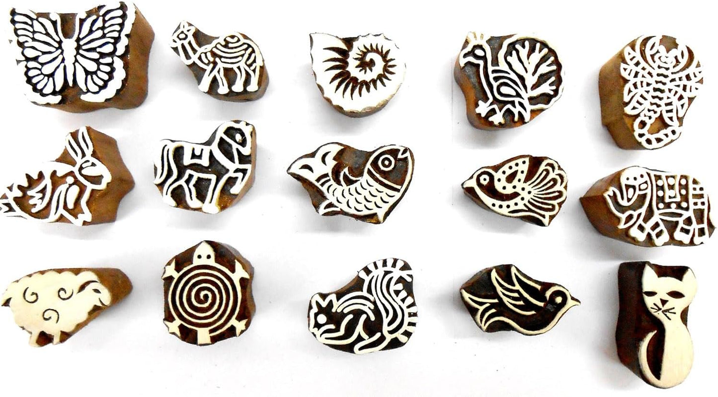 CraftsofIndia® Animals and Birds Wooden Blocks for Stamping, Block Printing on Textiles, Pottery Crafts,Henna, Scrapbooking, Wall Painting (Set of 15)