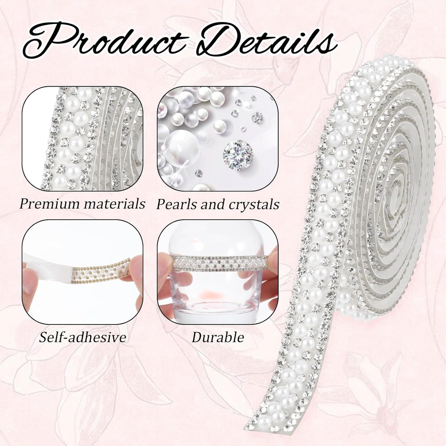 3 Rolls Pearl Rhinestone Ribbon Self Adhesive Pearl Crystal Strips Sticker Bling Pearls Strips Trims Diamond Pearls Tape for DIY Phone Clothing Crafts (3 Yard)