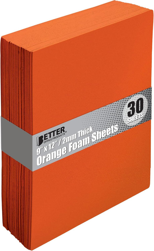 Better Office Products Orange EVA Foam Sheets, 30 Pack, 2mm Thick, 9 x 12 Inch, Orange Color, for Arts and Crafts, 30 Sheets Bulk Pack