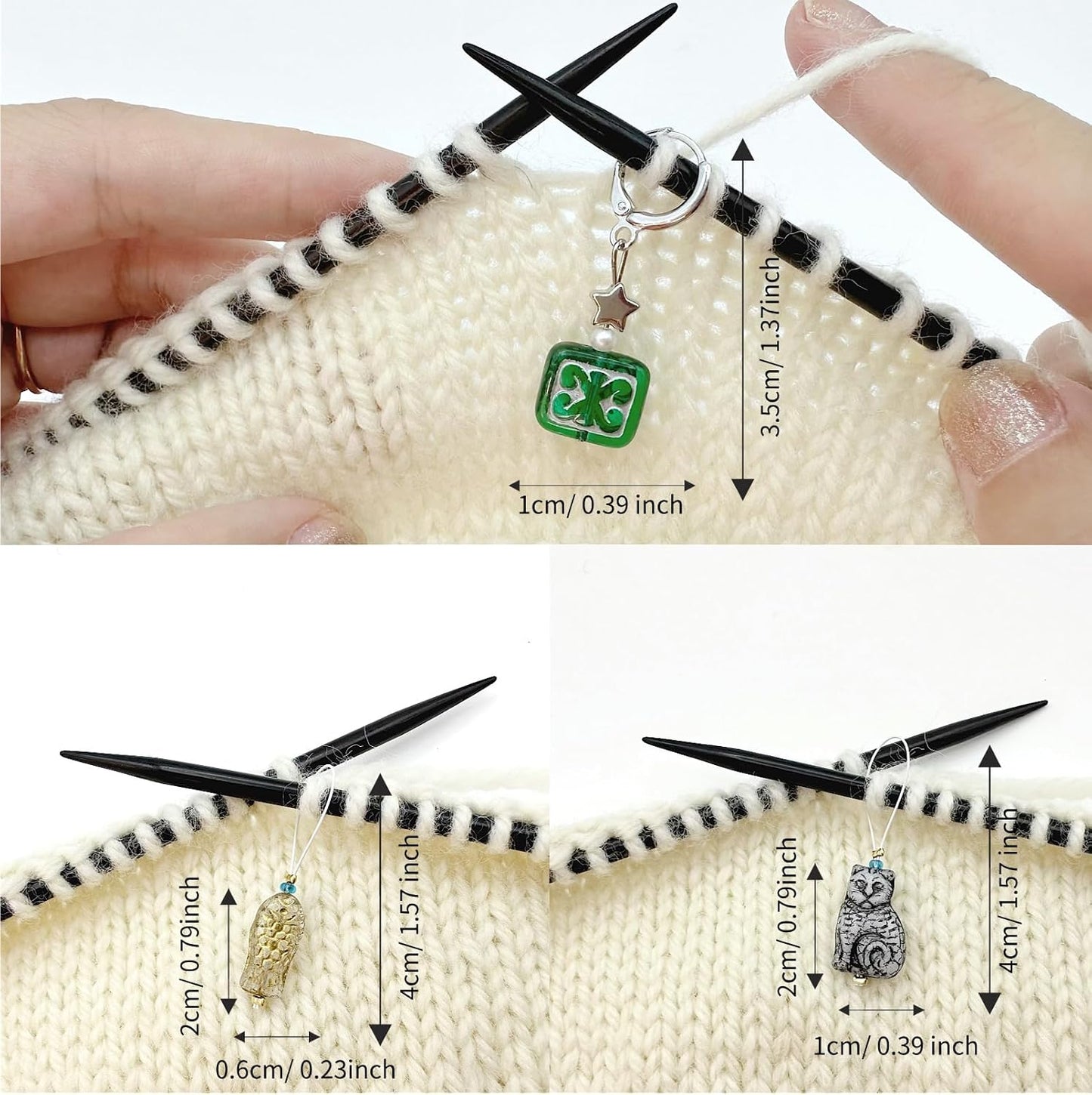 Handmade Stitch Markers for Knitting and Crochet, Two Green Floral Removable Rings, Gold-Edged Fish and Gray Cat Closed Ring, with Storage Case.