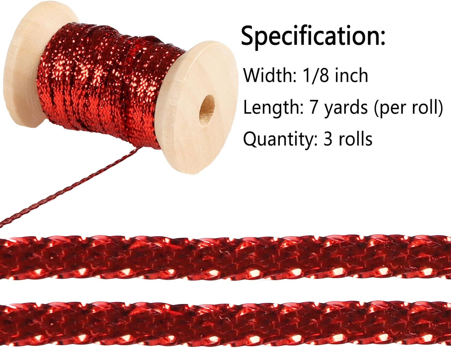 Red Thin Ribbon 1/8 inch Metallic Braided Double Faced Ribbons Curling Ribbons for Balloon String Crafts Gift Wrapping Party Wedding Christmas Ornaments Decoration 7 Yard x 3 Rolls