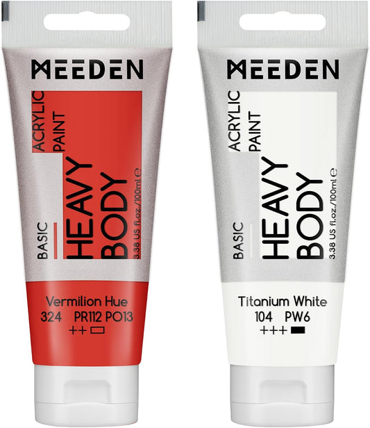 MEEDEN Acrylic Paint Vermilion Hue: Bundled with Titanium White Color - 100ml/3.38oz x 2 Bulk Heavy Body Acrylic Paint Tubes for Art Craft Painting