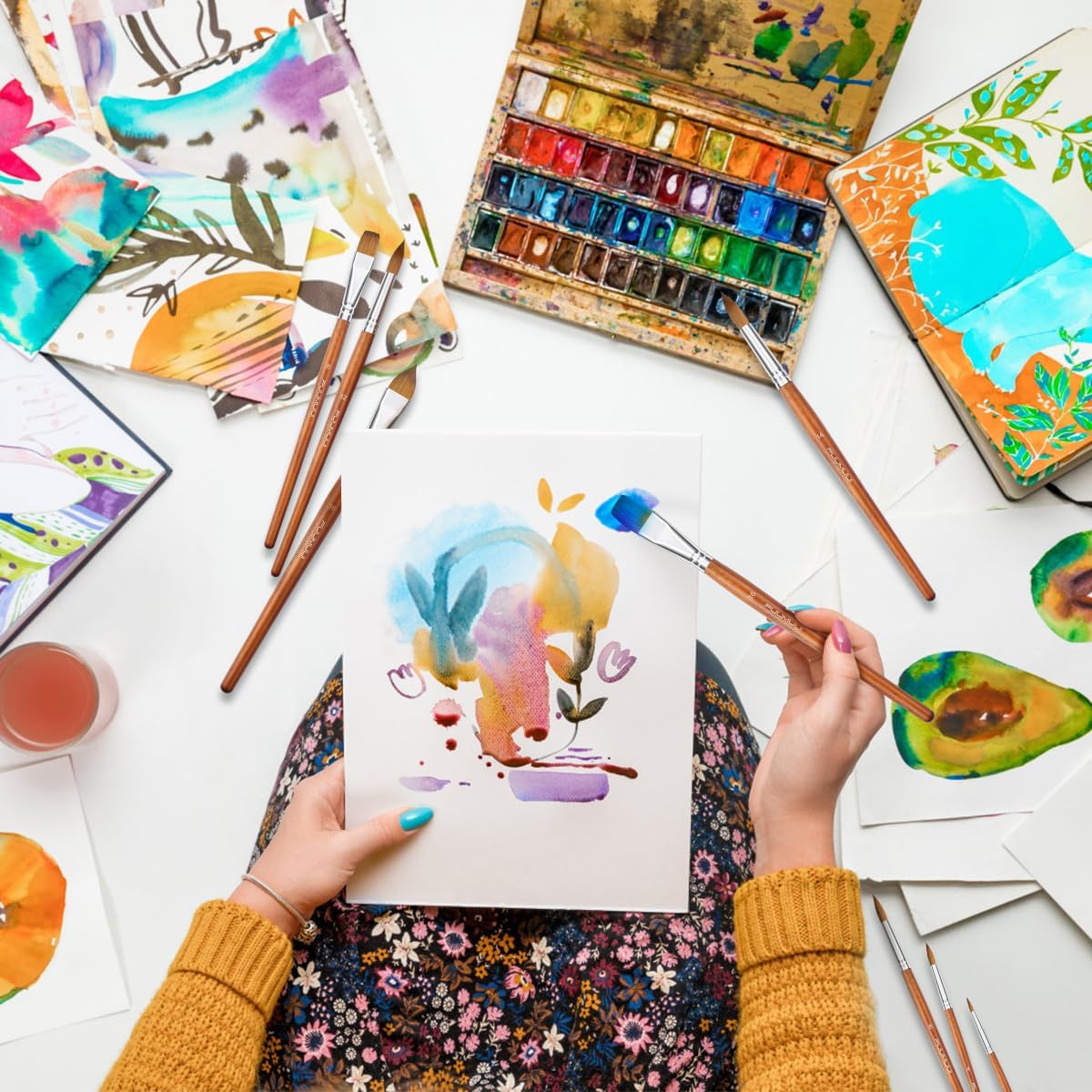 Sable Watercolor Brushes Professional, Fuumuui 8Pcs Sable Brush Set Variety Shapes with Flat, Round Pointed, Liner, Cat's Tongue Oval Wash Perfect for Watercolor Acrylic Gouache Inks Painting