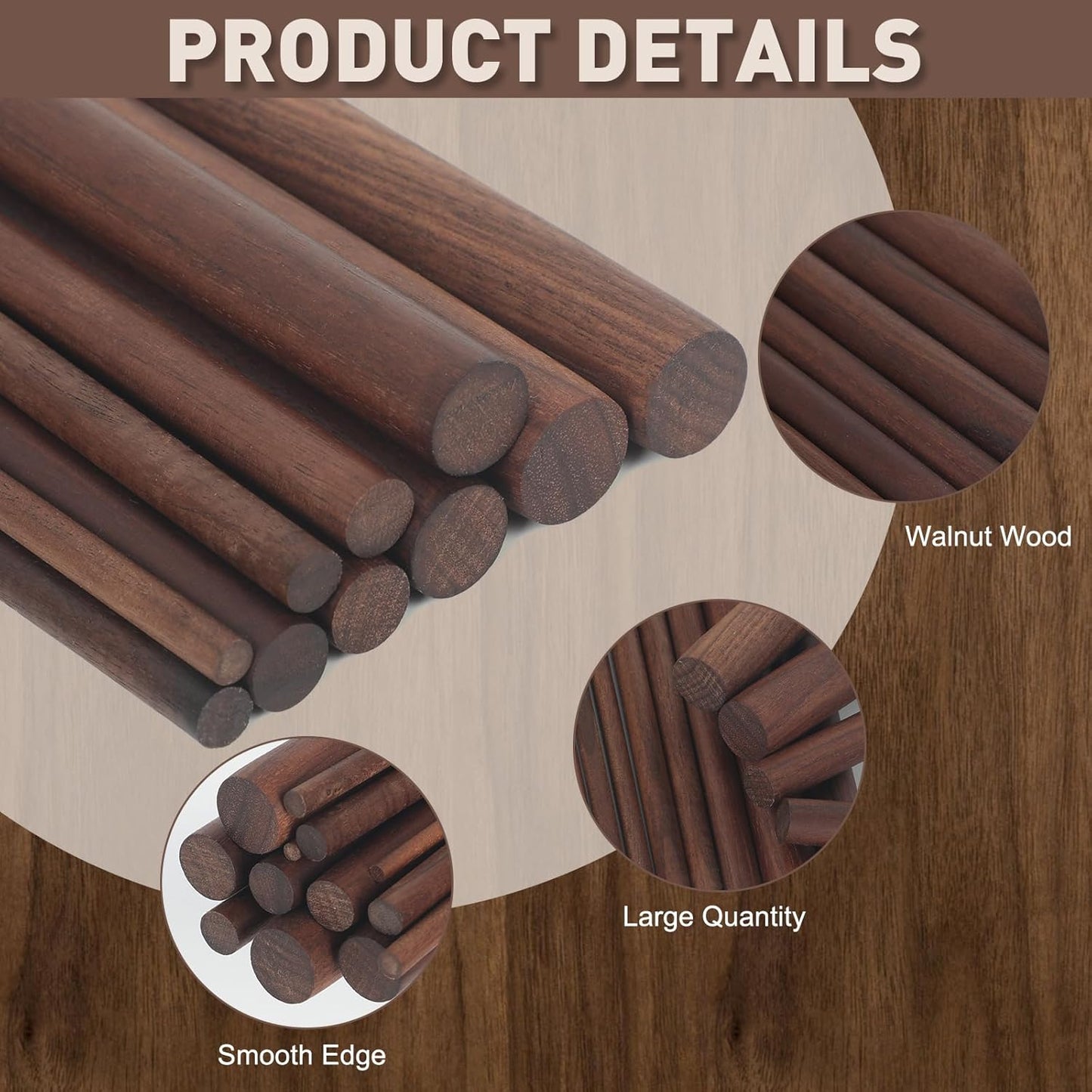 32Pcs 7 Size Walnut Wooden Dowel Rods 5.9Inch Long Wooden Dowel Rods Sticks 4/6/8/10/12/15/18mm Wood Sticks for Crafts Unfinished Round Sticks for Crafts and Woodworking Building Material
