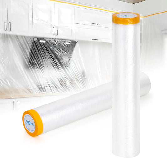 Pre-Taped Masking Film 2 Pack Each 10 x 65 feet Rolls, Tape and Drape, Painters Plastic Sheeting Drop Cloth for Automotive Painting Covering, House Decoration Furniture Floor Dustproof Cover