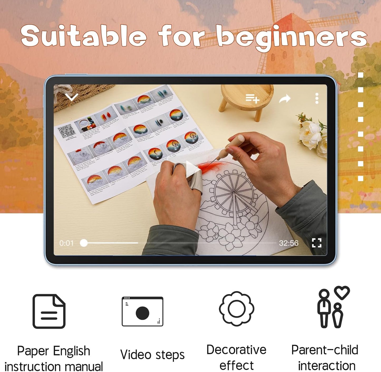 QMNNMA Needle Felting Kit for Beginners, Needle Felt Painting Kit with Picture Frame, Foam Pad, Felt Cloth, and Instructions, Flowers Wool Felting Kit Used for Home Decoration, Art Craft