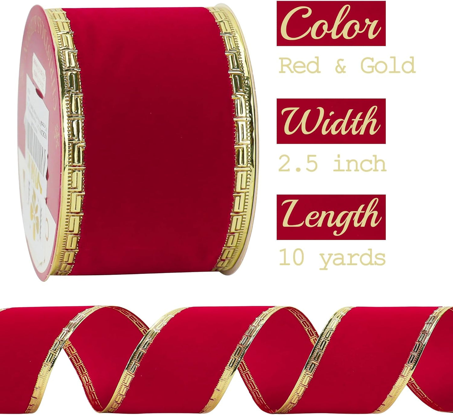 MEEDEE Red Velvet Ribbon 2.5 Inch With Gold Greek Key Edge - 10 Yards Wired Christmas Ribbon for Tree Decoration, Topper Bow, Garland