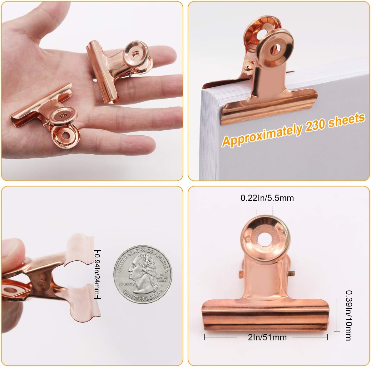 Coideal Bulldog Paper Clips Rose Gold, 20 Pcs 2 Inch Large Metal Binder Hinge Clip for Office, Food Bags, Pictures Photos, Art Crafts (50 mm)