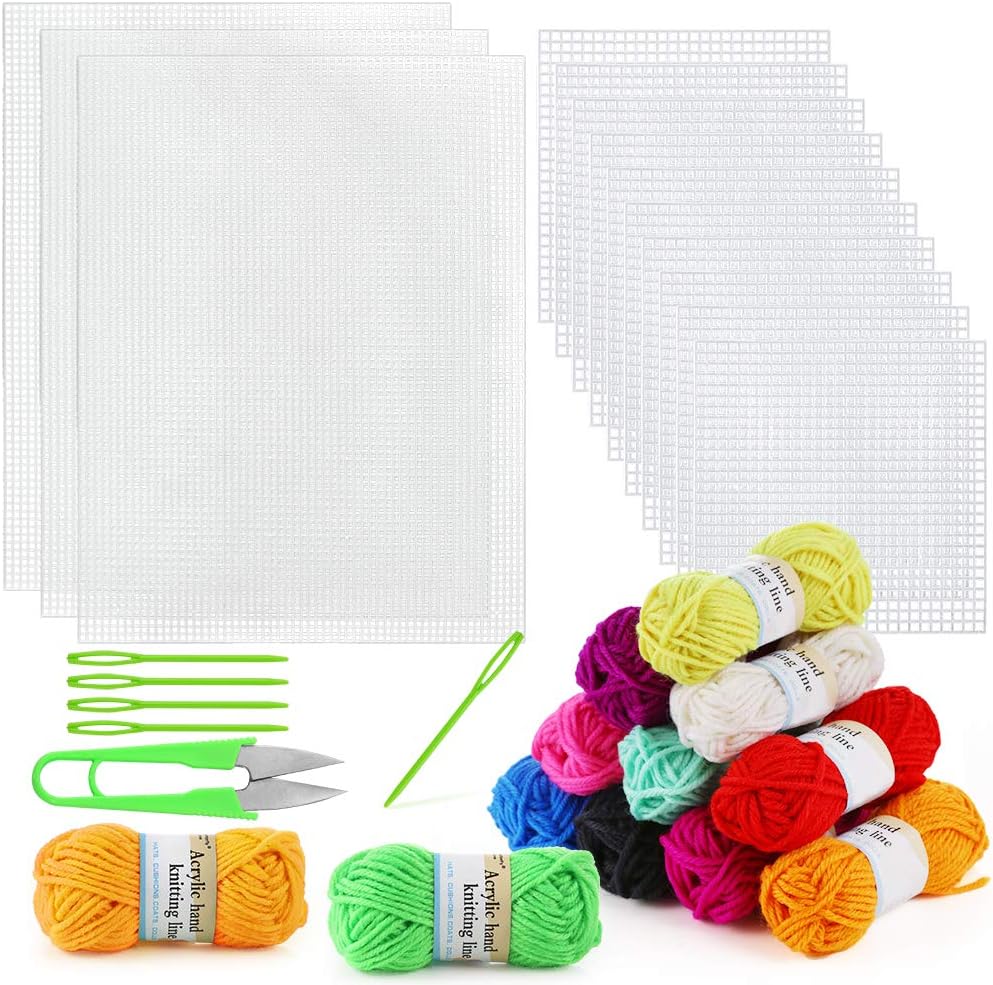 Pllieay 33-Piece Mesh Canvas Kit: 15 Clear Canvas, 12 Colors, Acrylic Yarn & Embroidery Tools for Plastic Craft