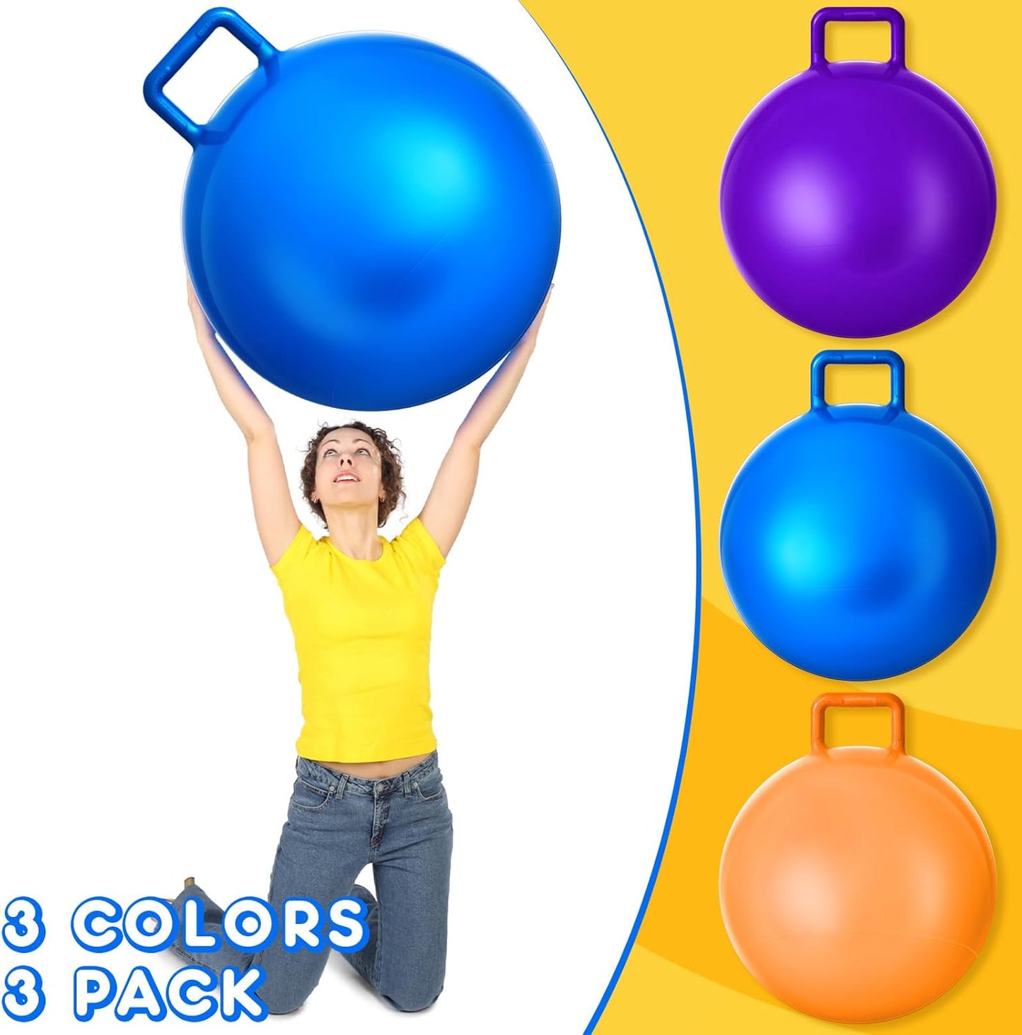 Lewtemi 3 Pcs 31 Inch Bouncing Ball with Handle, Outdoors Hopper Jumping Hopping Ball and Air Pump for Sports Exercise (Orange, Blue, Purple)