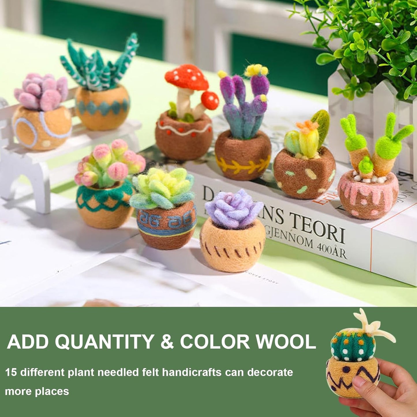 Jevuoyee 15pcs Succulent Needle Felting Kit for Beginners Adult - DIY Starter Kit with Wool Roving, Felting Mat, Needles, Instructions for Home Decoration Crafts
