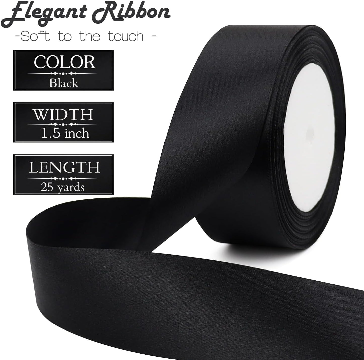 Black Solid Satin Ribbon 1-1/2 Inch 25 Yards Solid Polyester Fabric Ribbon for Gift Wrapping Wedding Christmas Baby Shower Birthday Party Decoration Handmade Immortal Flower Craft