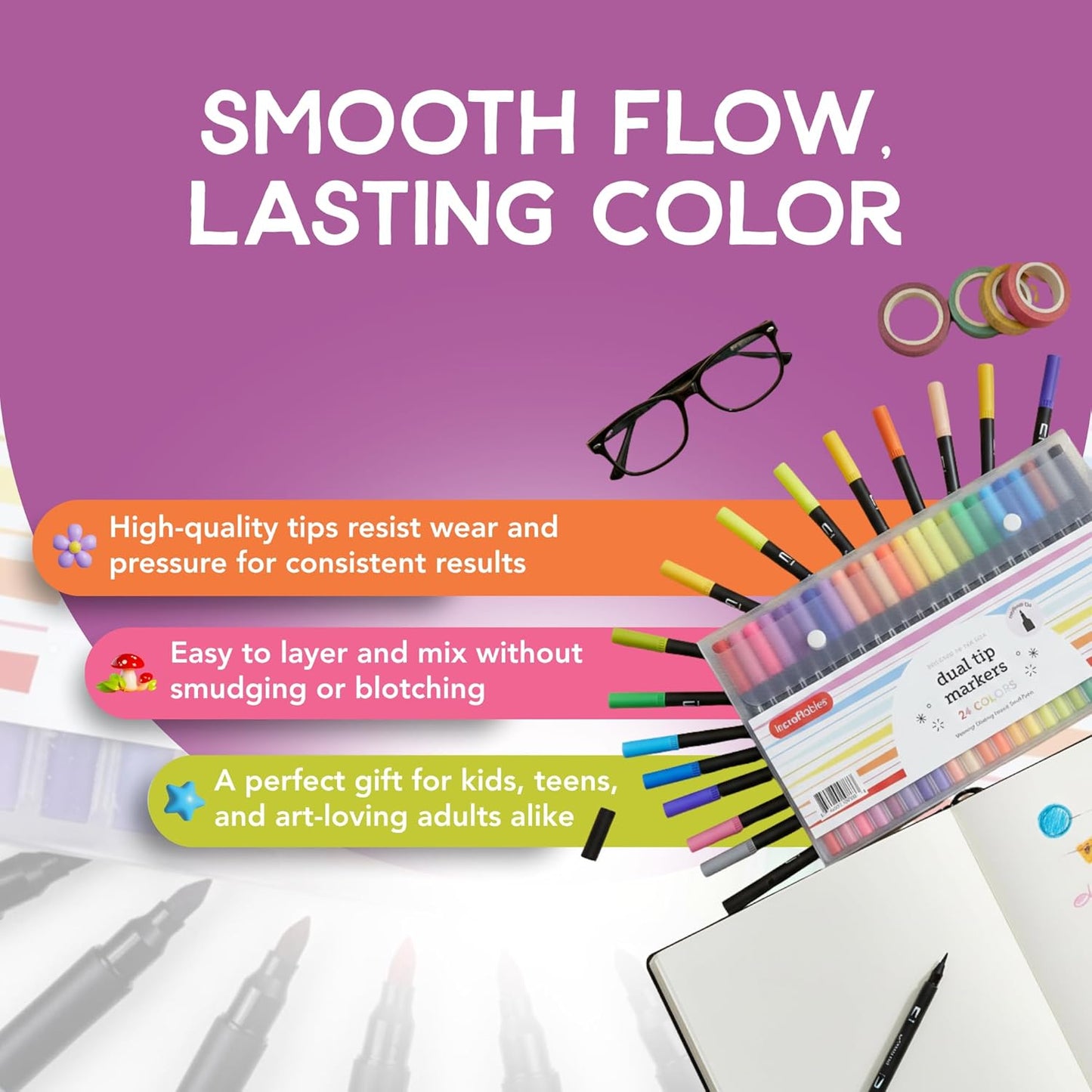 Incraftables Dual Tip Markers (24 Colors) – Adult Coloring, Brush Tip & Fine Tip Markers for Adult Coloring Books, No Bleed Dual Brush for Kids & Adults