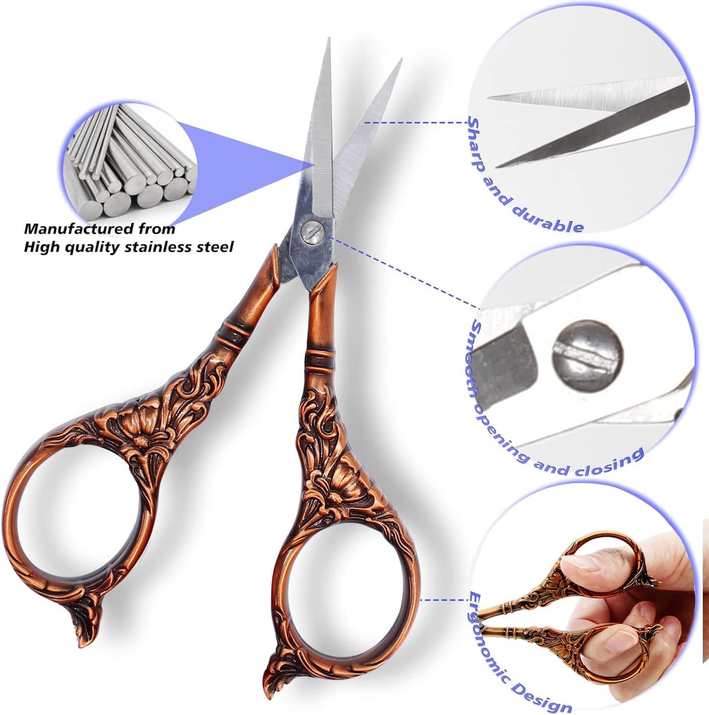 BIHRTC 4.5Inch Vintage Crochet Embroidery Scissors Small Sharp Pointed Stainless Steel Scissors for Sewing Craft Needwork Needpoint Artwork DIY Tool Scissor Bronze Scissor