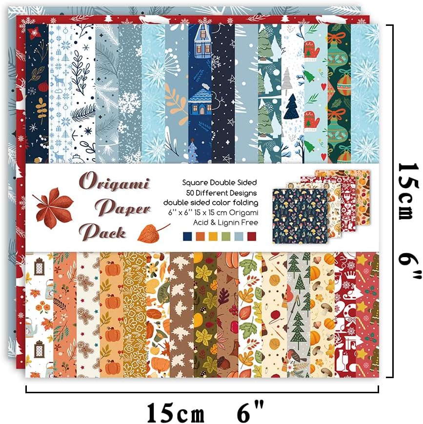 Origami Paper Kit 50 Sheets 70GSM 6 Inch Square Double Sided Color 50 Vivid Japanese Washi Chiyo Colors for Hand Crafts Origami Paper Arts Creativity.Winter