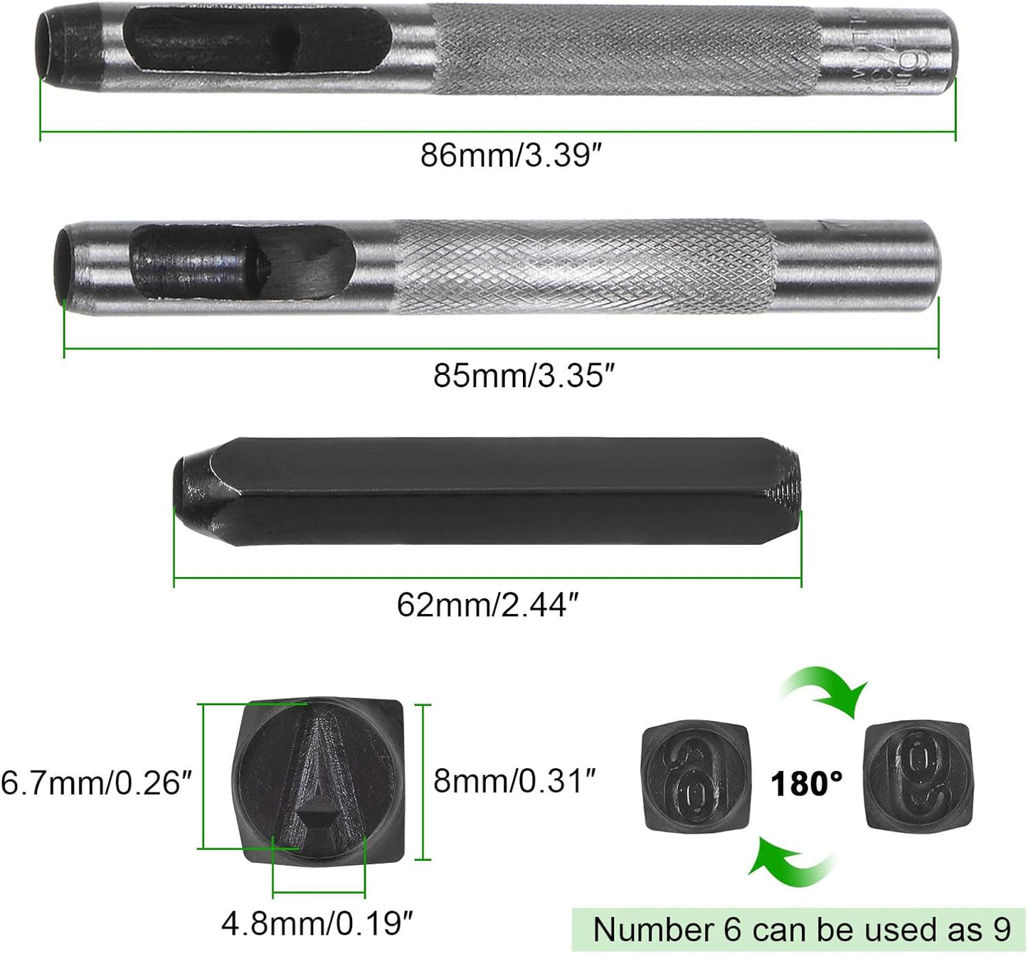 HARFINGTON 36pcs Metal Stamping Kit 1/4" (6mm) (A-Z, 0-8, "&" Symbol) Steel Letter Punch Press Tool with Hole Punch to Stamp on Metal, Plastic, Wood, Leather, Black
