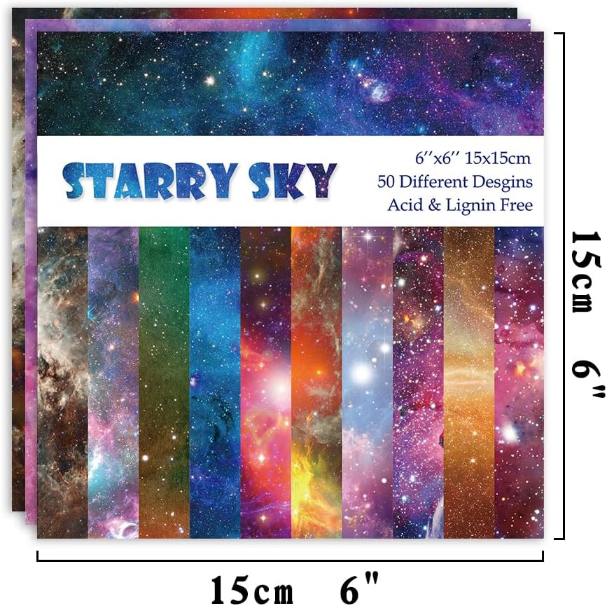 Origami Paper Kit 50 Sheets 70GSM 6 Inch Square Double Sided Color 50 Vivid Japanese Washi Chiyo Colors for Hand Crafts Origami Paper Arts Creativity.Galaxy