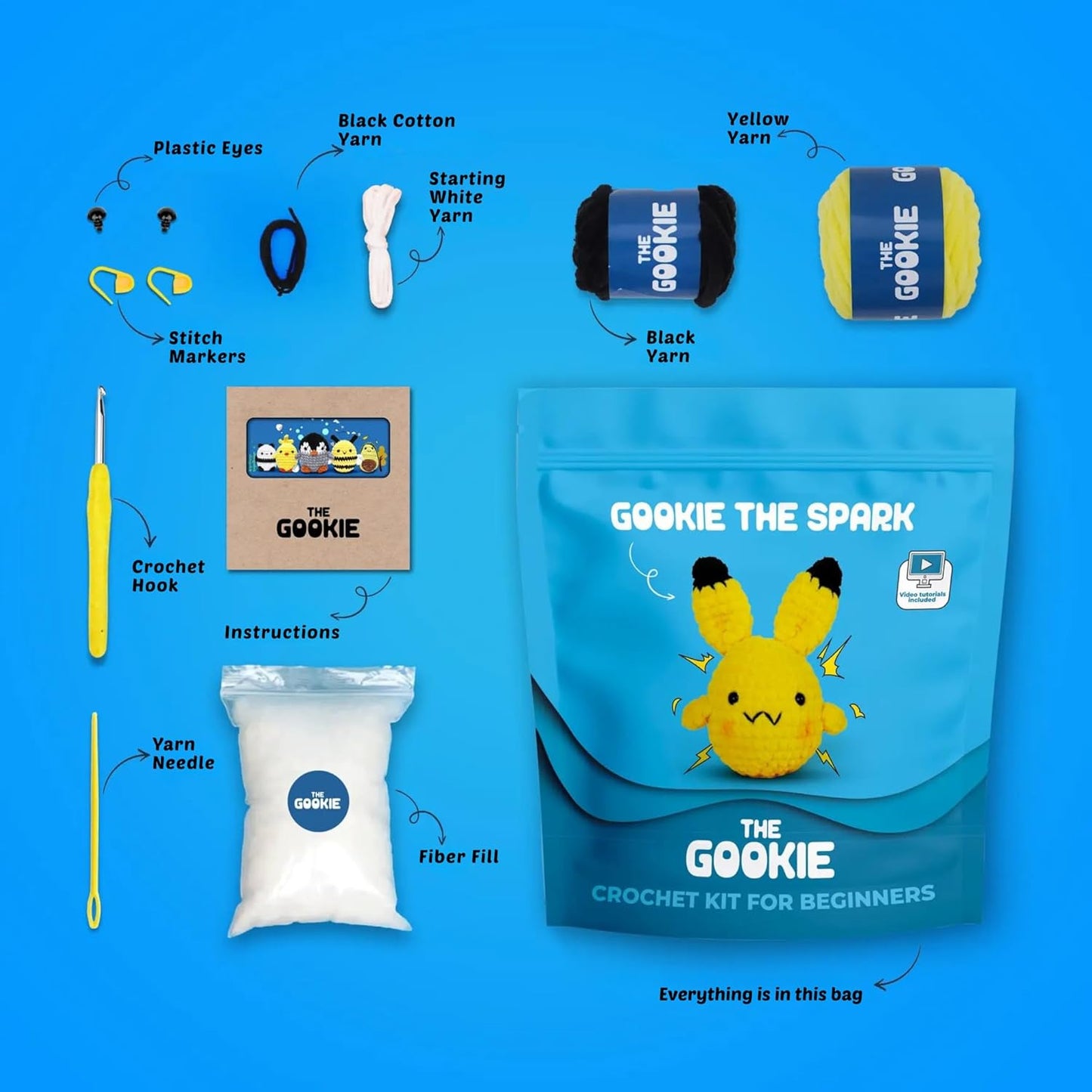 THE GOOKIE Amigurumi Crochet Kit for Beginners – DIY Crochet Kit with Yarn, Hook, Eyes & Stuffing – Easy Starter Set with Video Tutorials – Cute Plush Toy Craft Gift for Kids, Teens & Adults (Spark)