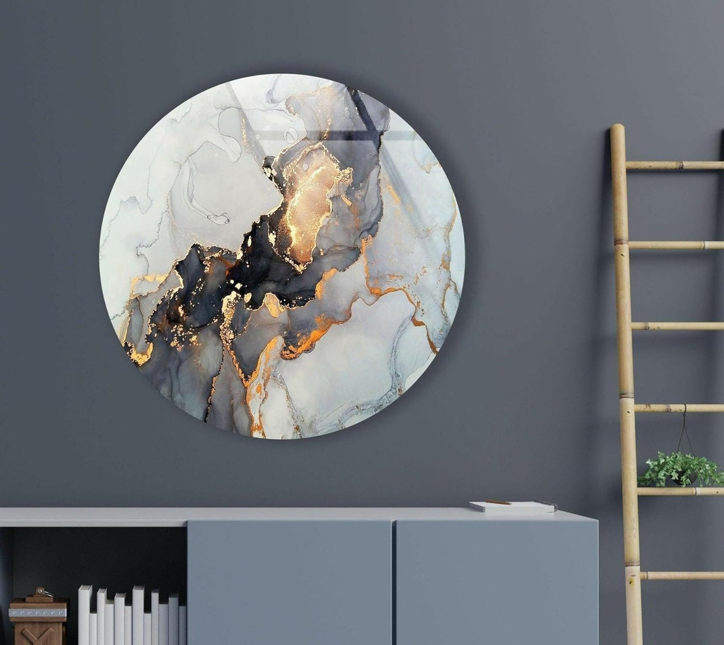 My Photostation.com 39,4''(100cm) Diameter Gold Details Gray Marble Round Glass Wall Art Tempered Glass Printing Wall Decor Large Wall Art Wall Hangings