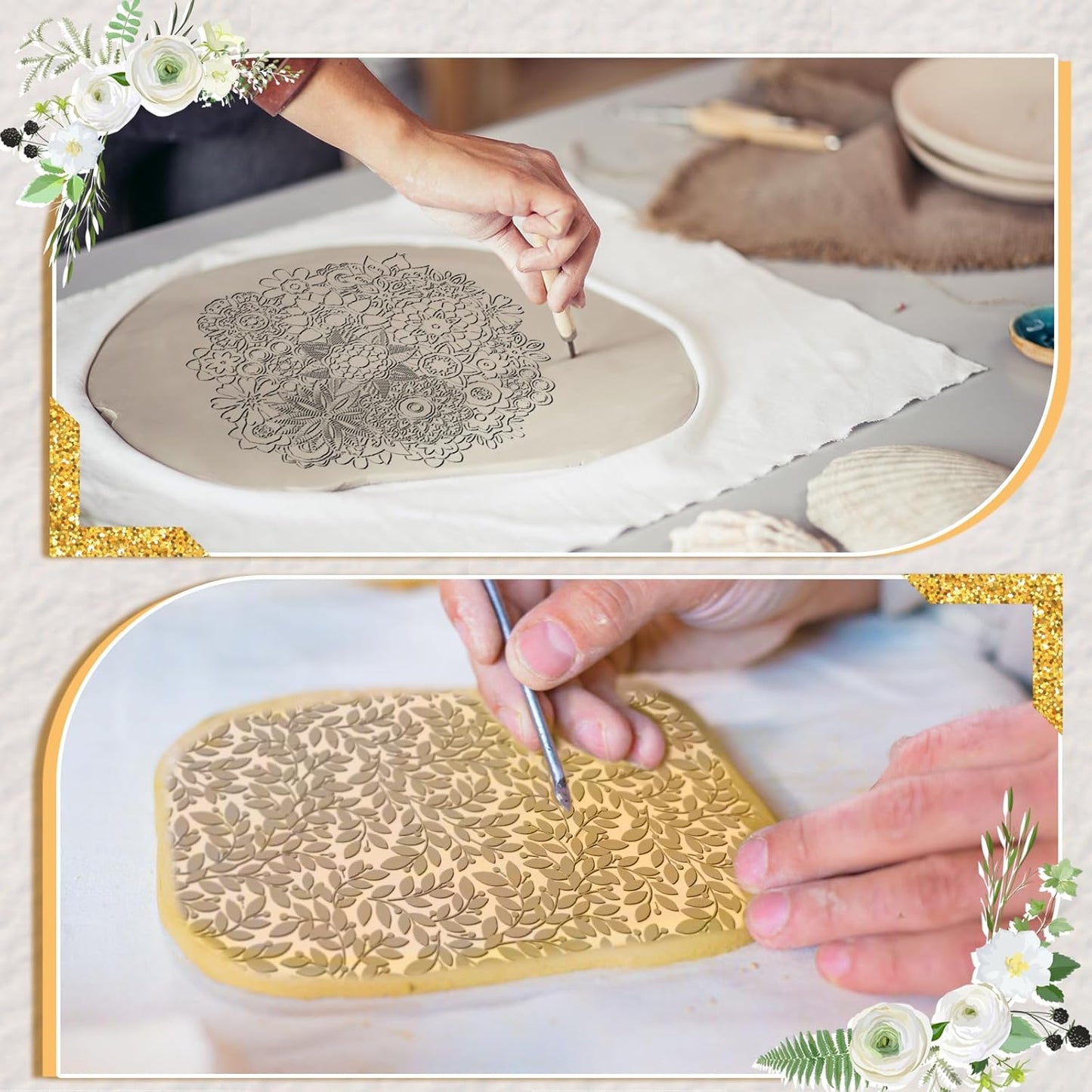 12 Pcs Polymer Clay Texture Sheets Mat Works with Polymer Clay Cutter Embossin Roller DIY Tools for Pottery Earrings Jewelry Making