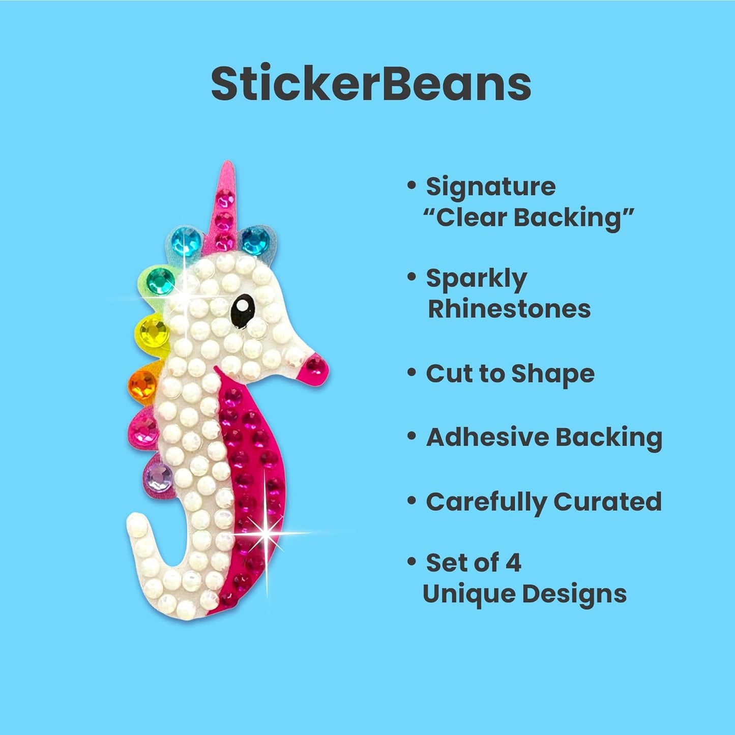 StickerBeans® Rhinestone Stickers – Whimsical 4-Pack, 2” x 2” Unique Sparkly Cut-to-Shape for Collecting, Trading, Decorating Laptops, Phone Cases, Scrapbooks, Kids, Teens, & Adults