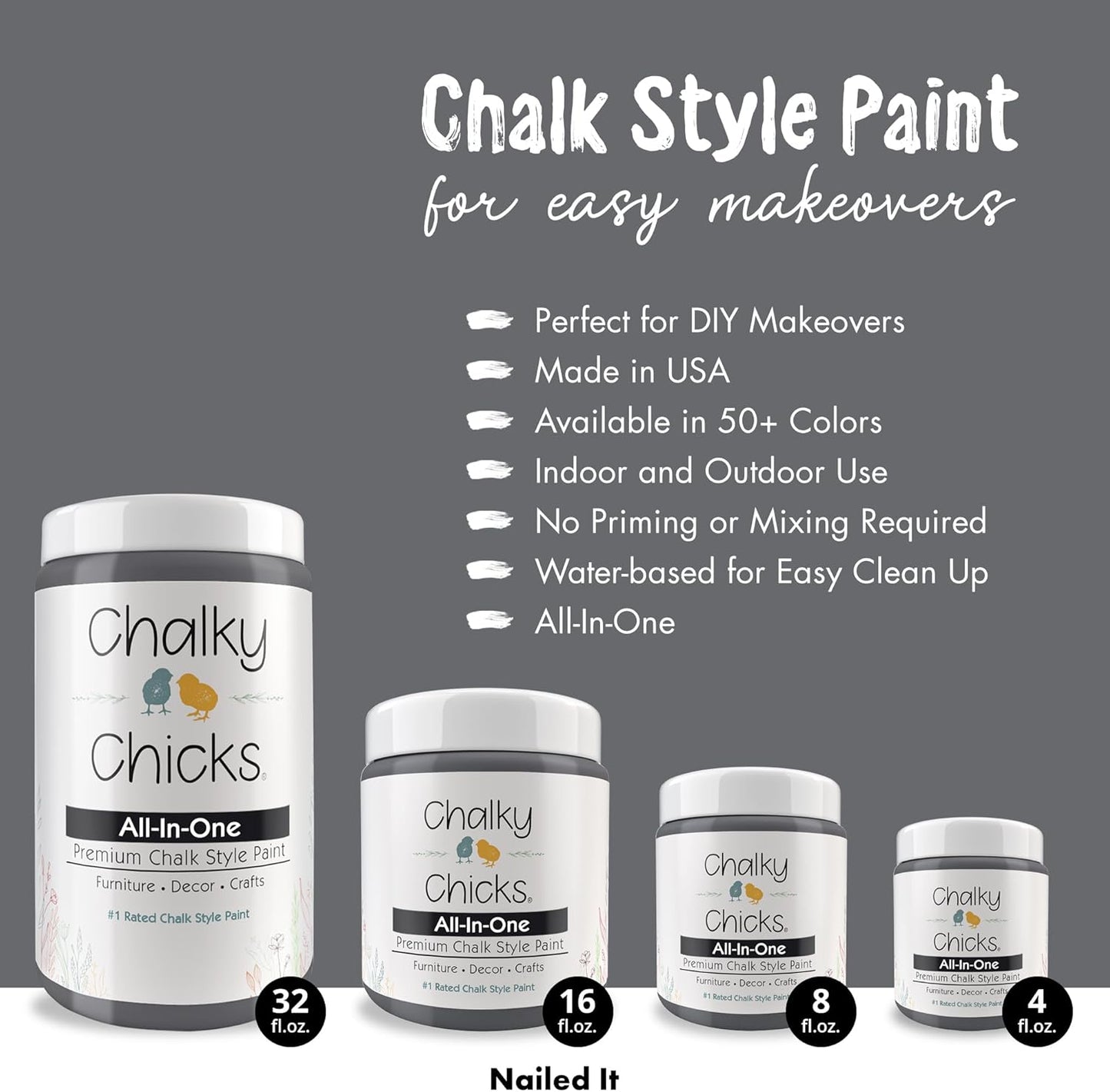 Chalky Chicks All-in-One Chalk Paint for Furniture or Cabinet - 8Fl Oz - Matte Finish Nailed It (Blueish Gray) for Metal, Wood Furniture Paint - No Sanding All-in-One for Home Decor & Crafts, USA Made