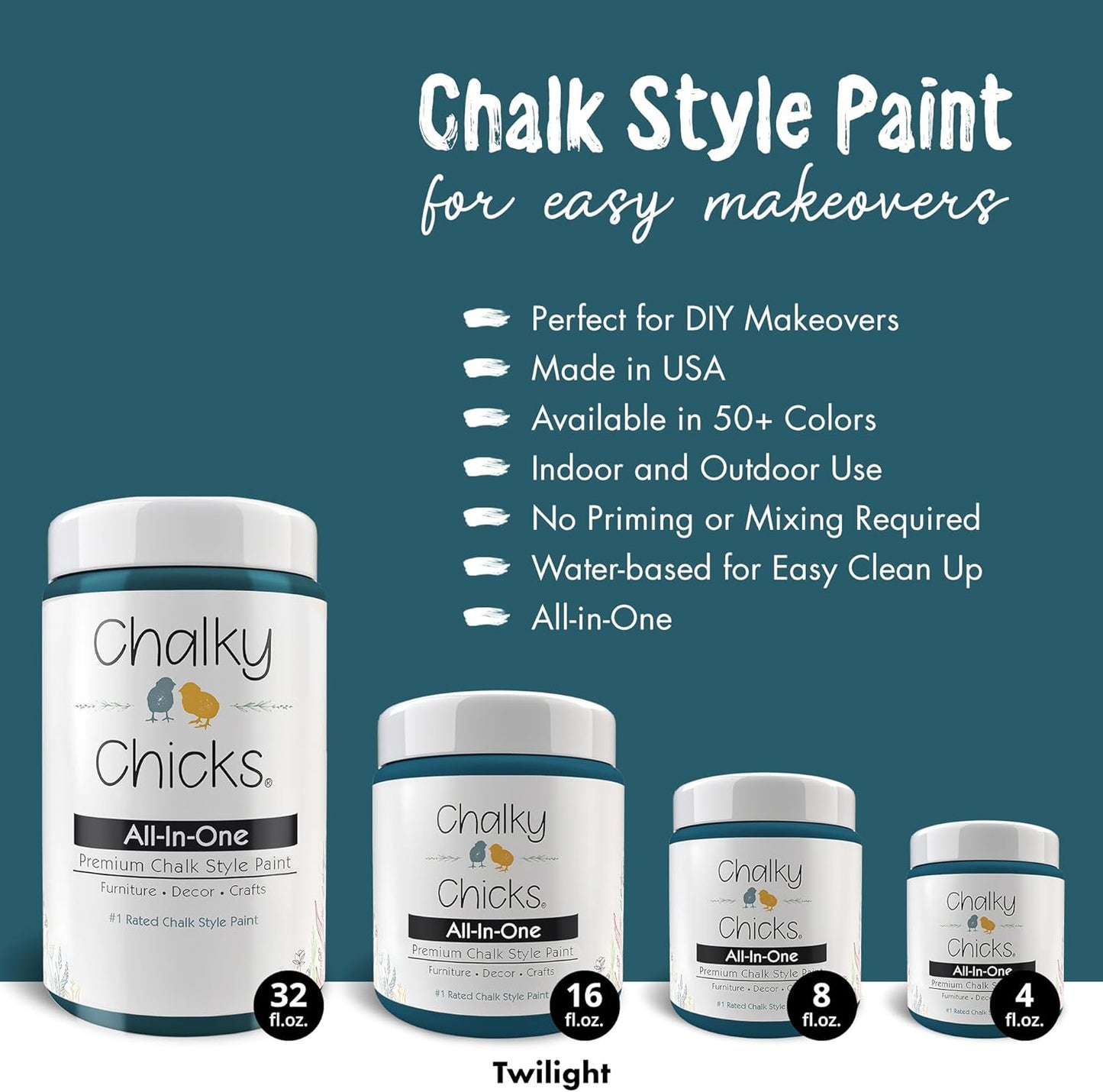 Chalky Chicks All-in-One Chalk Paint for Furniture or Cabinet - 16 Fl Oz - Matte Finish Twilight (Teal Blue) for Metal, Wood Furniture Paint - No Sanding All-in-One for Home Decor & Crafts, USA Made