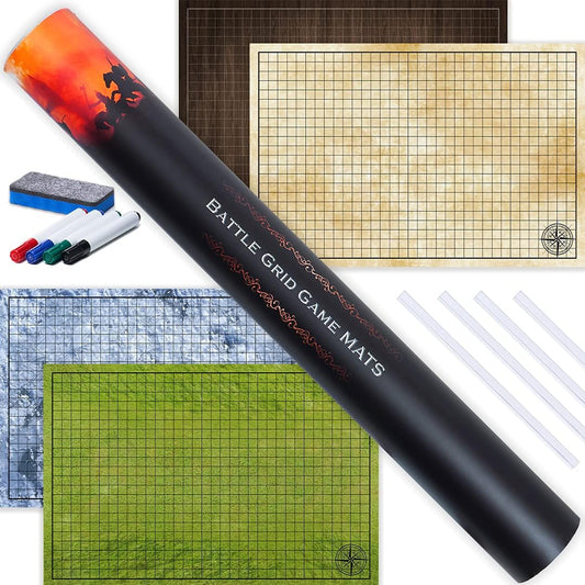 TIDYBOSS d&d Starter Set | 2 X Double Sides 4 Terrains 24x 36 Game Grid Mat | DND Accessories Includes Dry Erase Markers, Eraser and Clips