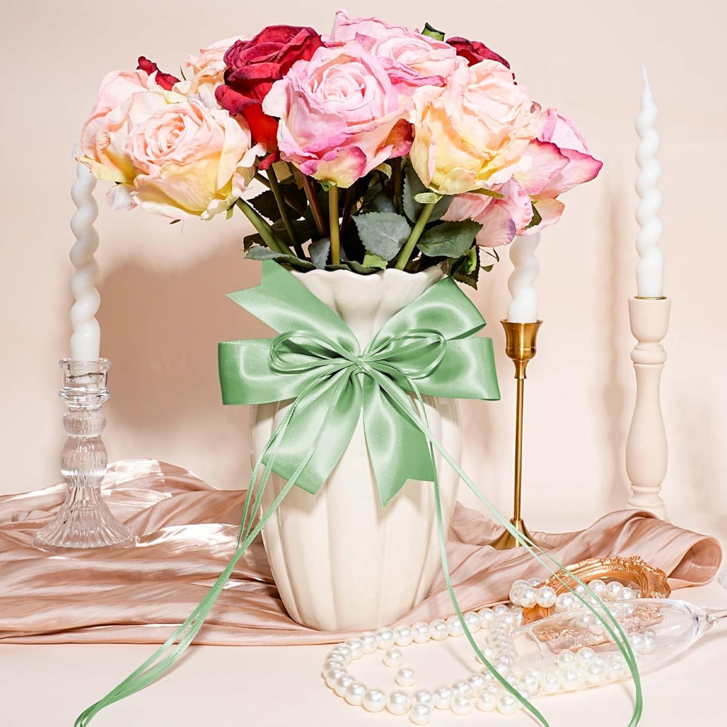 LaRibbons Sage Green Satin Ribbon 1 1/2 Inch 50 Yards Luxury Double Faced Green Silk Ribbon for Flower Bouquet Crafts Gift Wrapping Wedding Decoration